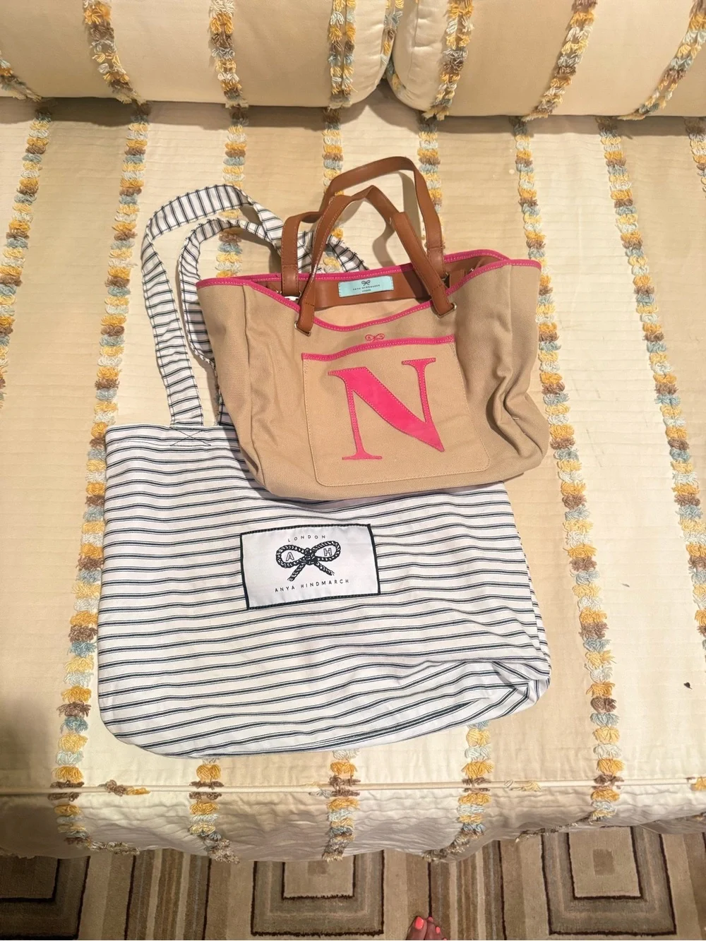 Anya Hindmarch Tan Canvas Tote with Pink Monogram & Brown Leather Handles